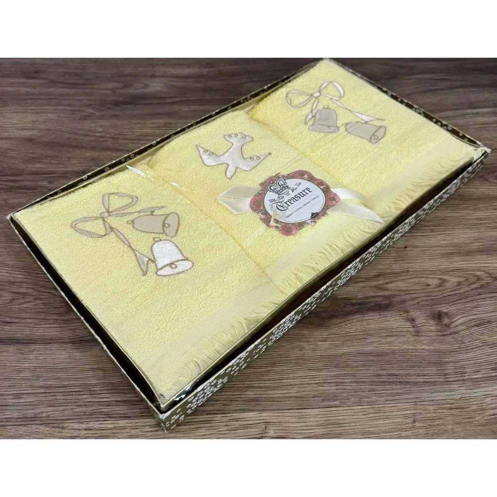 NOS Vintage Cannon Yellow Hand Towels Bells Dove Wedding Gift Christmas 3 Pc USA
